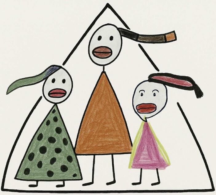 A child's drawing of three figures, Sara, Niels and Nino