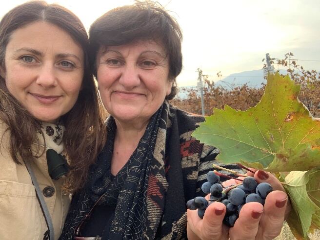 My mother and I tasting the Shavi Rkatsiteli at the research center